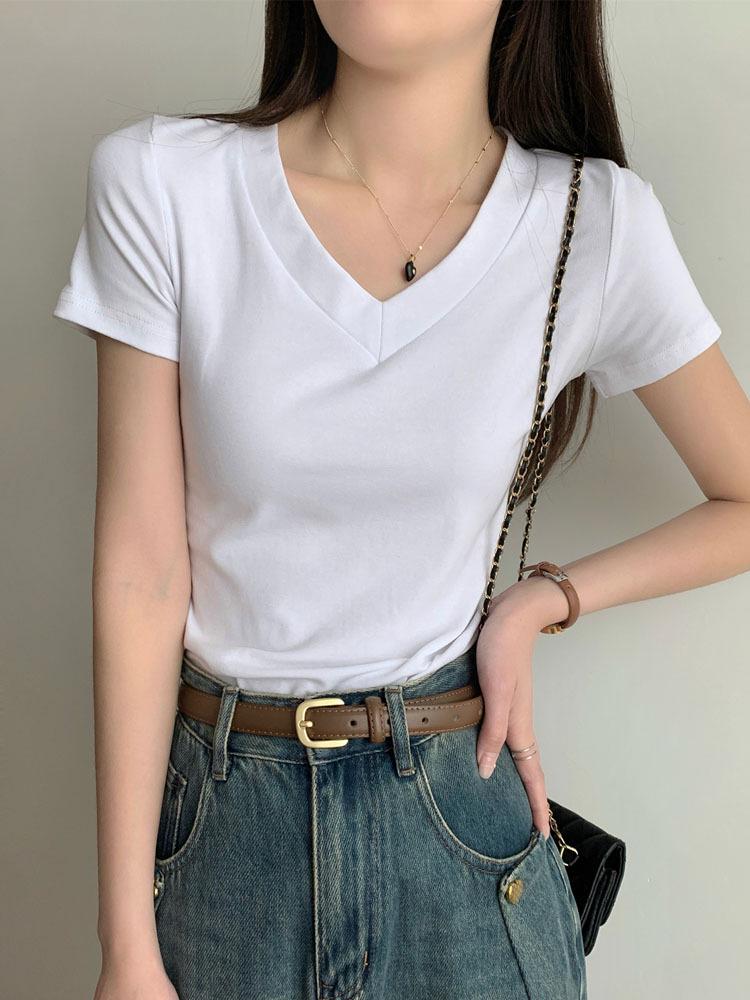 Women's Light Gray Slim Fit V-Neck Cotton Short Sleeve T-Shirt