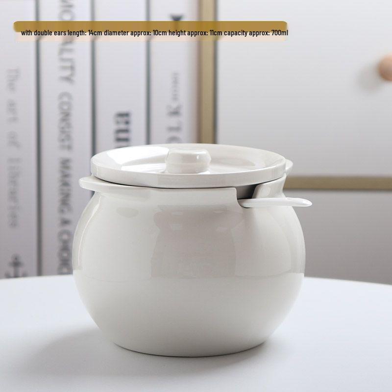 Ceramic Double-Handled Lard Jar with Lid - High-Temperature Resistant Kitchen Oil Storage Pot