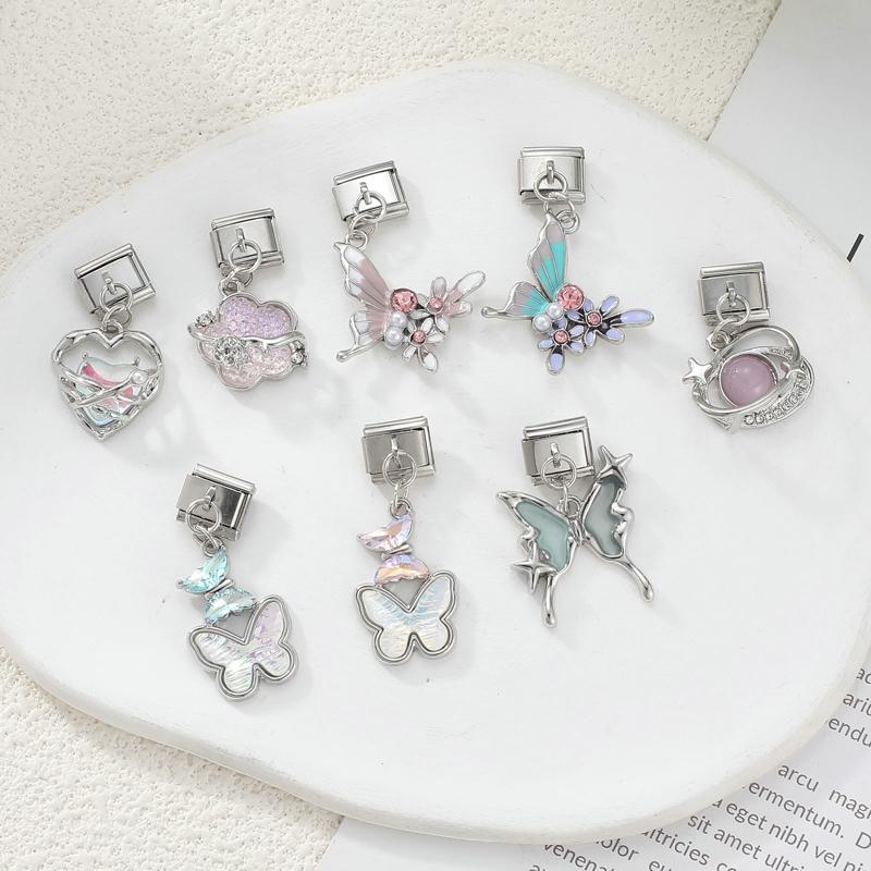 Zircon Colorful Crystal Butterfly Heart Flower Pendant Italian Charm Link Fit 9mm Bracelet Stainless Steel Women DIY Making Gift