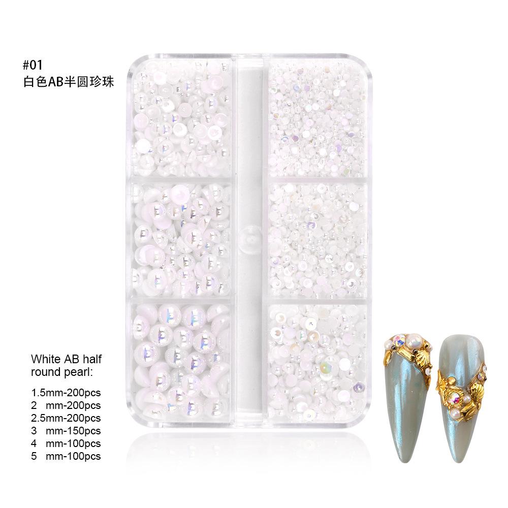 6-Grid Nail Art Pearl Ab Symphony Semicircle Abs Pearl Small Steel Ball Mixed Nail Jewelry