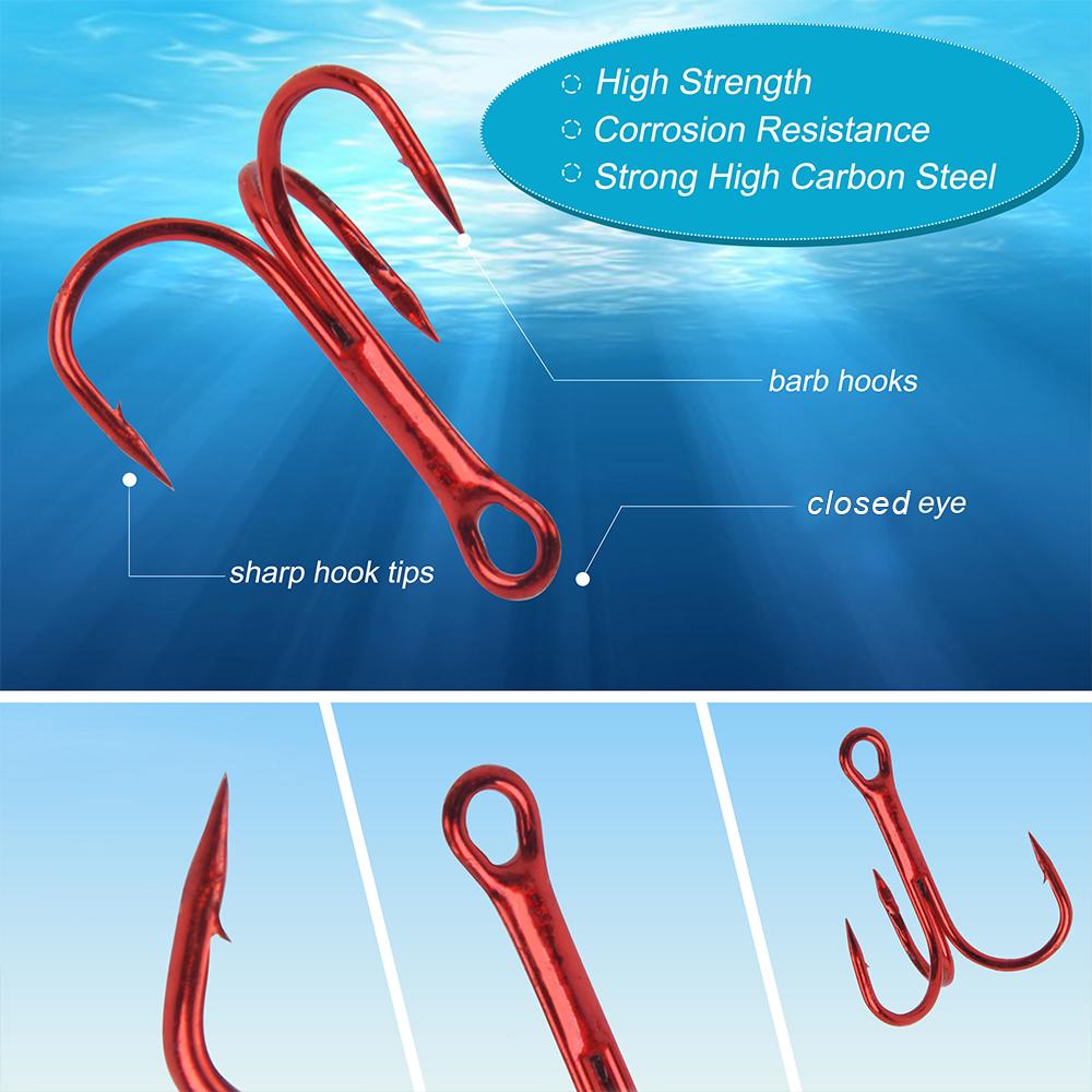 200Pcs Fishing Treble Hooks Kit High Carbon Steel Red Treble Fishing Hooks with Split Rings for Catfish Saltwater Freshwater
