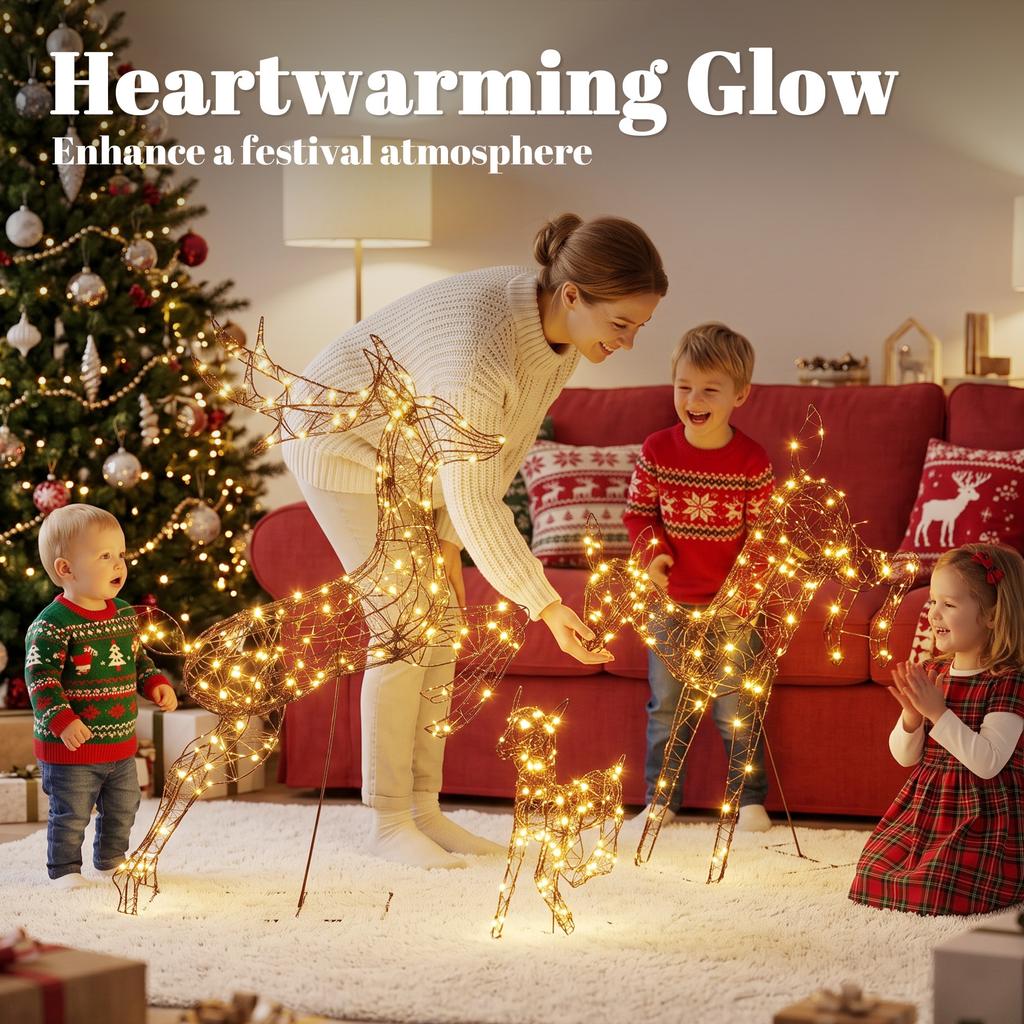 3-Piece Light Up Deer Family Set of 3, Lighted Reindeer Christmas Decorations Outdoor with 200 LED Lights, Brown