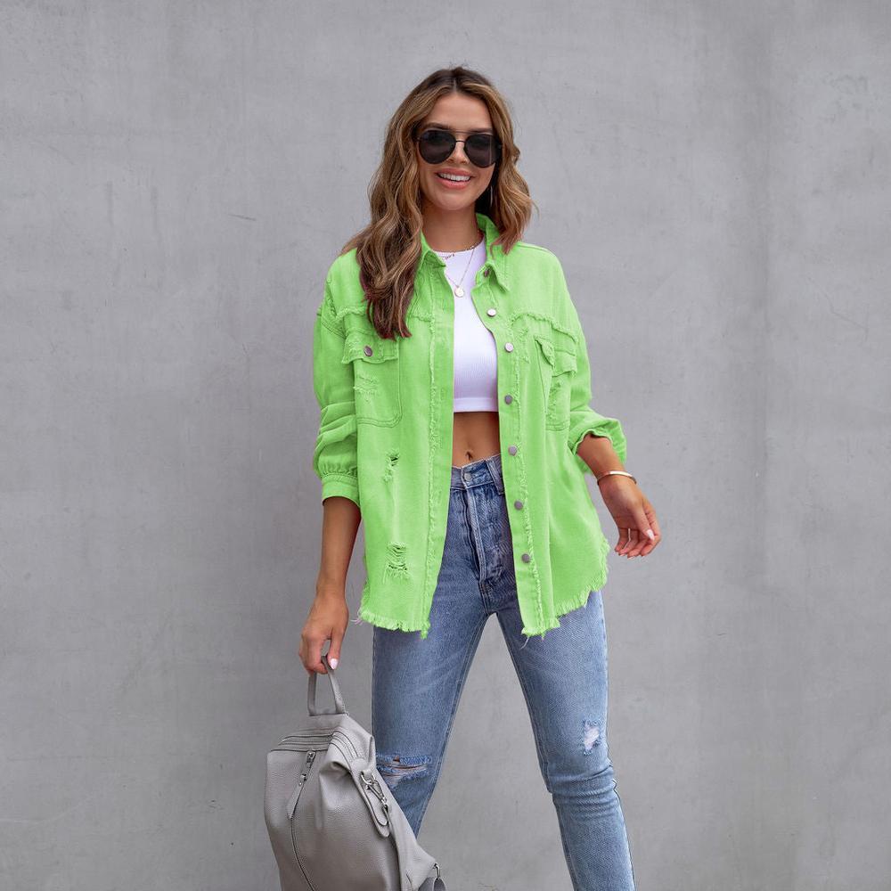 Džínová bunda s dlouhým nařaseným otvorem ve větru Dámská ležérní klopa s dlouhým rukávem