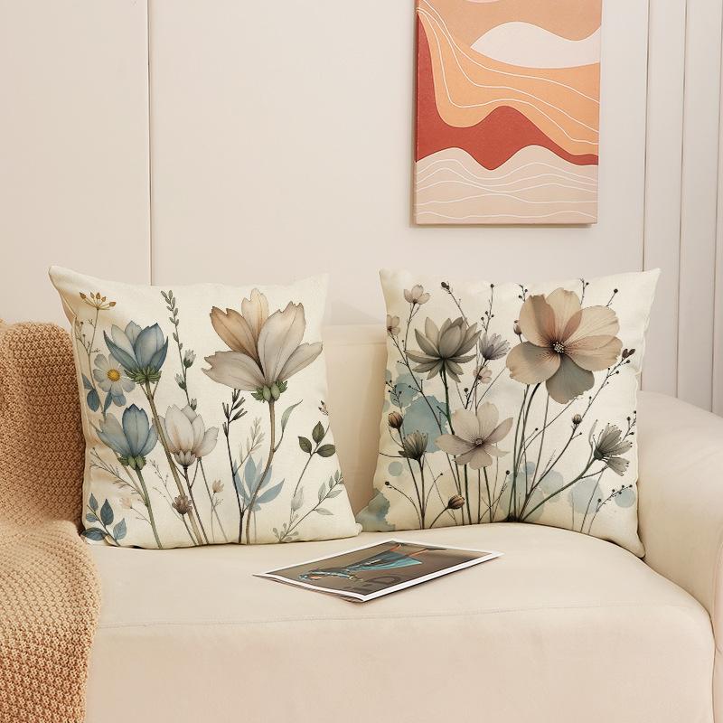Floral Pillow Cover Chinese Style Watercolor Print Linen Pillow Home Decoration Sofa Cushion Cover