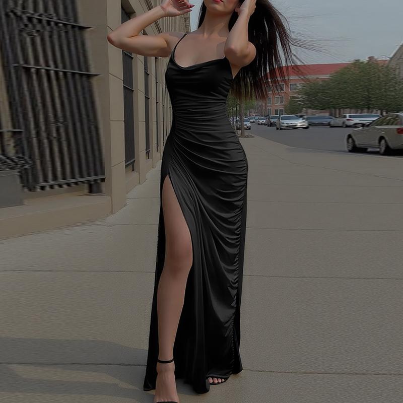 

ZANZEA Элегантное женское платье с драпированным вырезом, сексуальное, без рукавов, на бретелях, длинное M чёрный