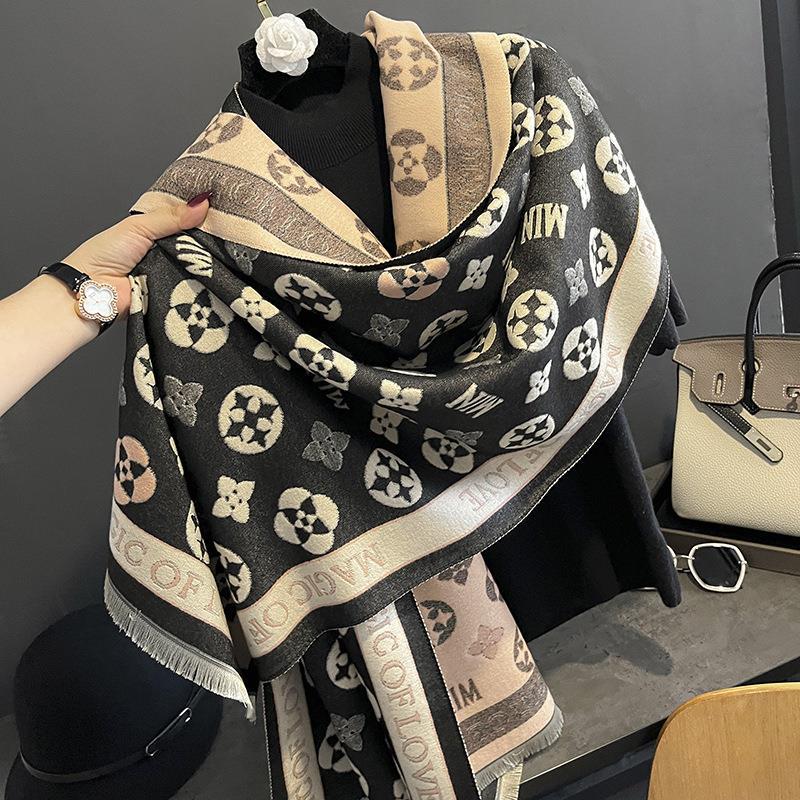 New Korean Style Printed Faux Cashmere Scarf for Women Air Conditioned Shawl New Double Sided Thickened Scarf for Autumn and Winter