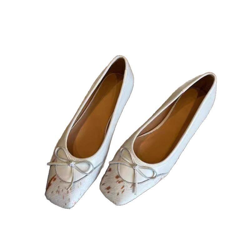 Schafsleder-Version Französische sanfte flache Schleife Flachboden Kleine einzelne Schuhe für Damen mit eckiger Spitze Rosshaar Ballerinas für Damen
