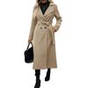Women's Lapel Long Sleeve Maxi Wool Coat Loose Fit Double Breasted Overcoat With Self Tie Belt Plaid Solid Color Winter Outerwear