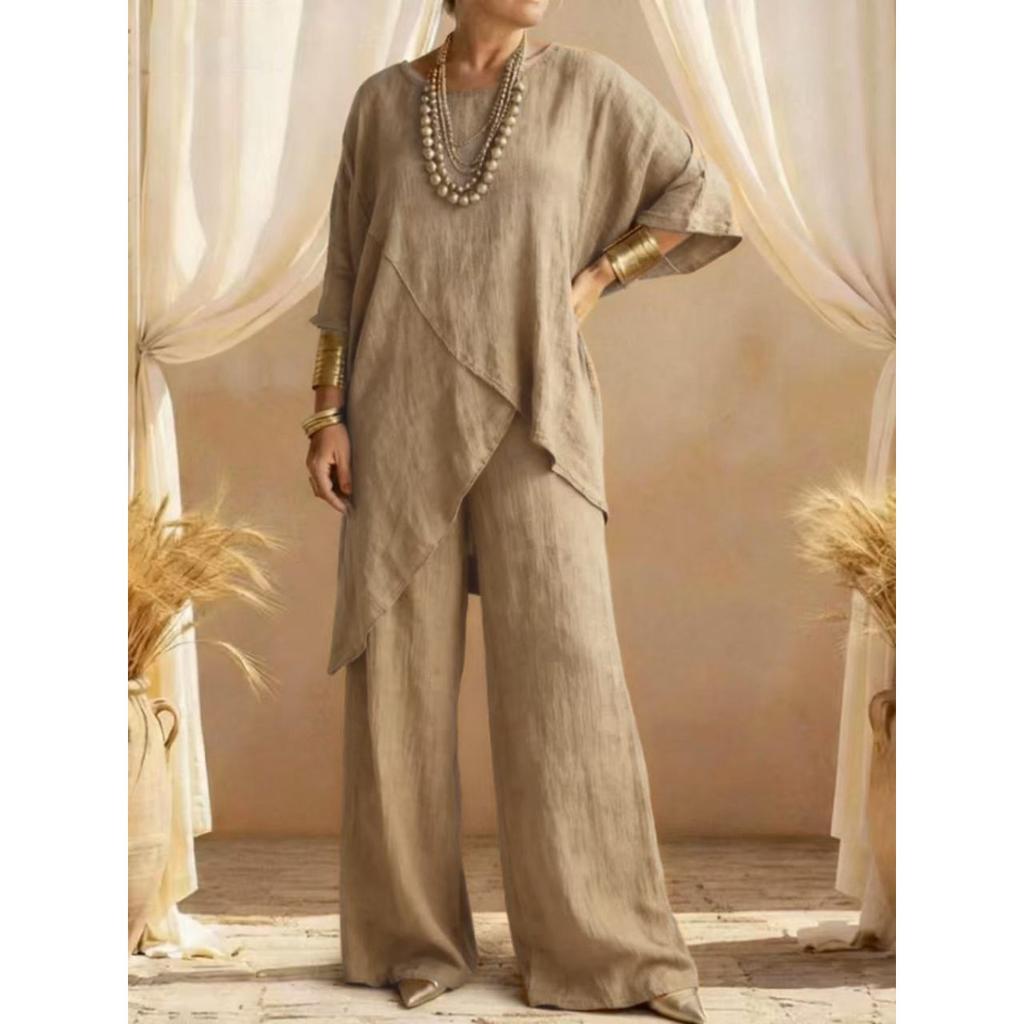 Women's Round Neck Irregular Hem 3/4 Sleeve Linen Look Top and Wide Leg Pants 2 Piece Casual Outfit