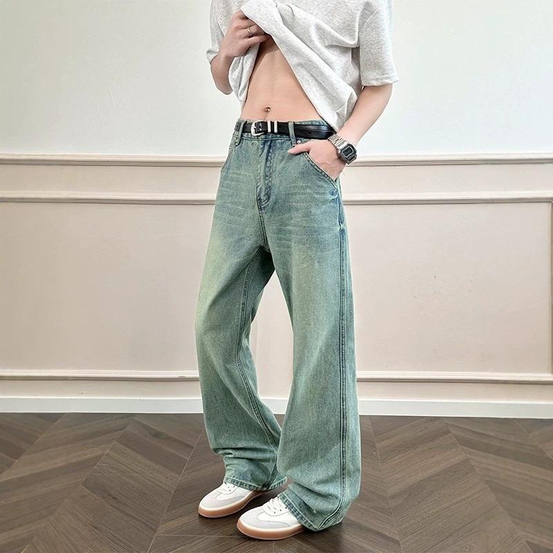 American blue washed wide-leg jeans men's trendy brand new loose retro straight cleanfit high street trousers