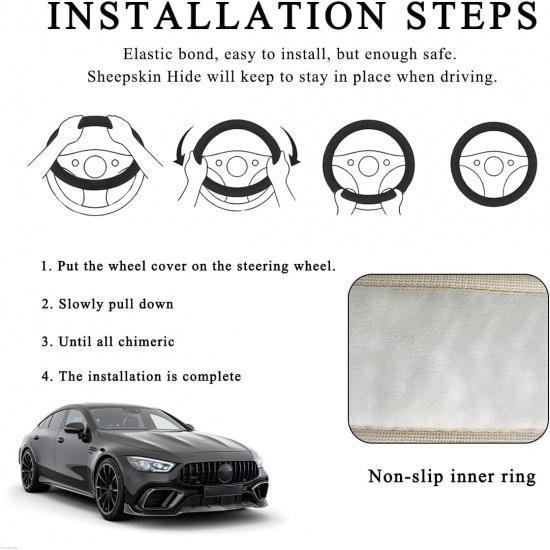 Car Fuzzy Steering Wheel Cover, 15 inch Fluffy Soft Steering Wheel Protector for Winter Warm, Anti-Slip Fuzzy Plush Vehicle Wheel Wrap Cover Interior