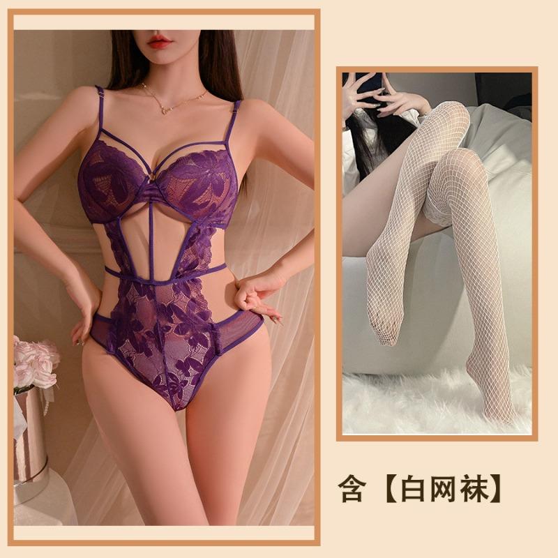 Purple Erotic Underwear, Sexy Lace Hollowed-out Suspenders Show Large Perspective, Free Backless Pajamas, Pure Desire Set