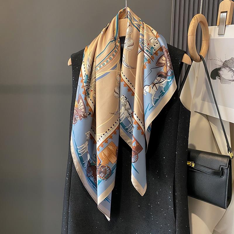 90×90Cm Retro Double-Sided Printed Scarf Neck Scarf High-End Fashion Age-Reducing Silk Scarf Fashionable Scarf With Shawl