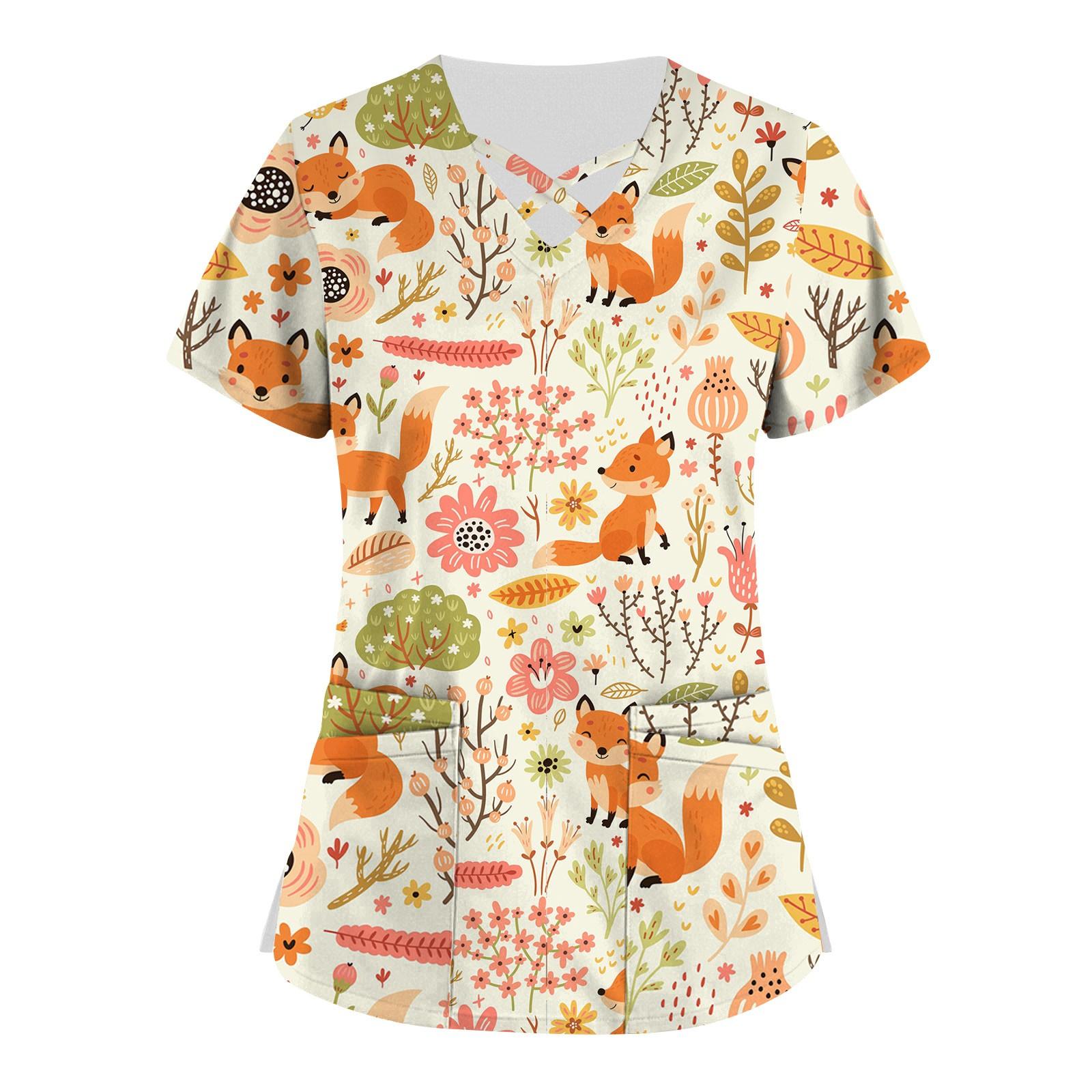 

Плюс размер, милая рабочая форма с принтом, топы для женщин, забавные футболки с перекрестным v-образным вырезом и короткими рукавами, рабочая одежда, футболка с карманами XL жёлтый