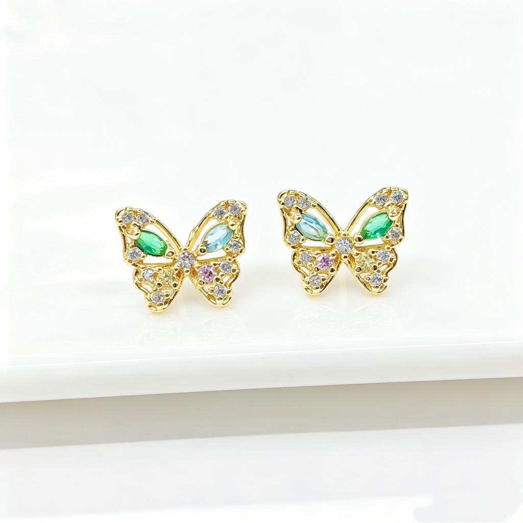 High-Quality Gold Plated Colorful CZ Butterfly Stud Earrings for Women Multi Crystal Cute Animal Earrings Fashion Party Jewelry