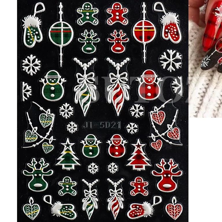 5D Christmas Embossed Nail Stickers White Snowflakes Sliders For Nails Cute Cartoon Bear Gloves Sweater Design Decals