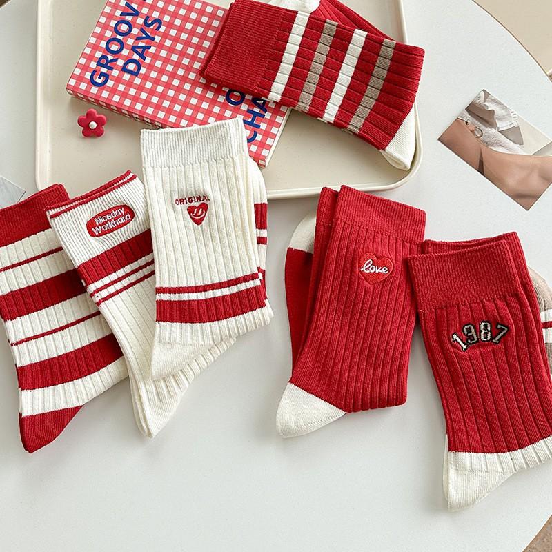 Meias Vermelhas Bordadas com Pontos Duplos Algodão Puro Sem Costura Meias Empilháveis Listradas Carta de Amor Meias de Cano Médio Vermelhas Grandes