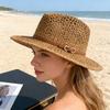 Breathable Hollow-Out Woven Straw Hat Wide Brim Fedora with Vintage Belt Buckle Sun Protection for Beach Vacation Summer