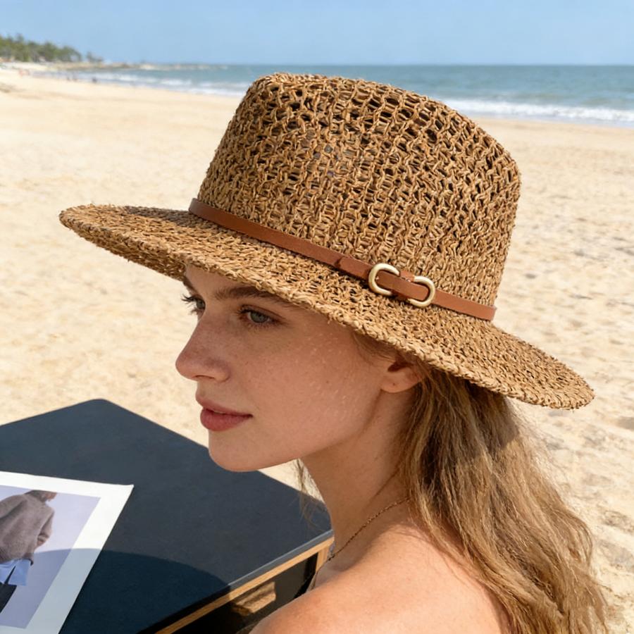 Breathable Hollow-Out Woven Straw Hat Wide Brim Fedora with Vintage Belt Buckle Sun Protection for Beach Vacation Summer