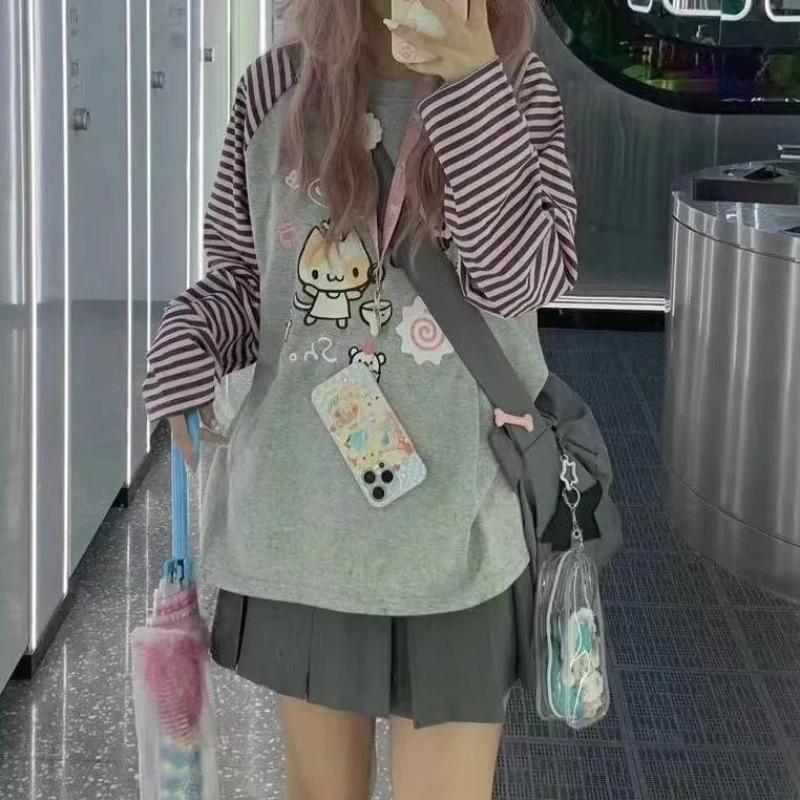 2KWEIRD Y2k Harajuku Kawaii Striped Hoodie Women Japanese Fashion Patchwork Cartoon Print Sweatshirt