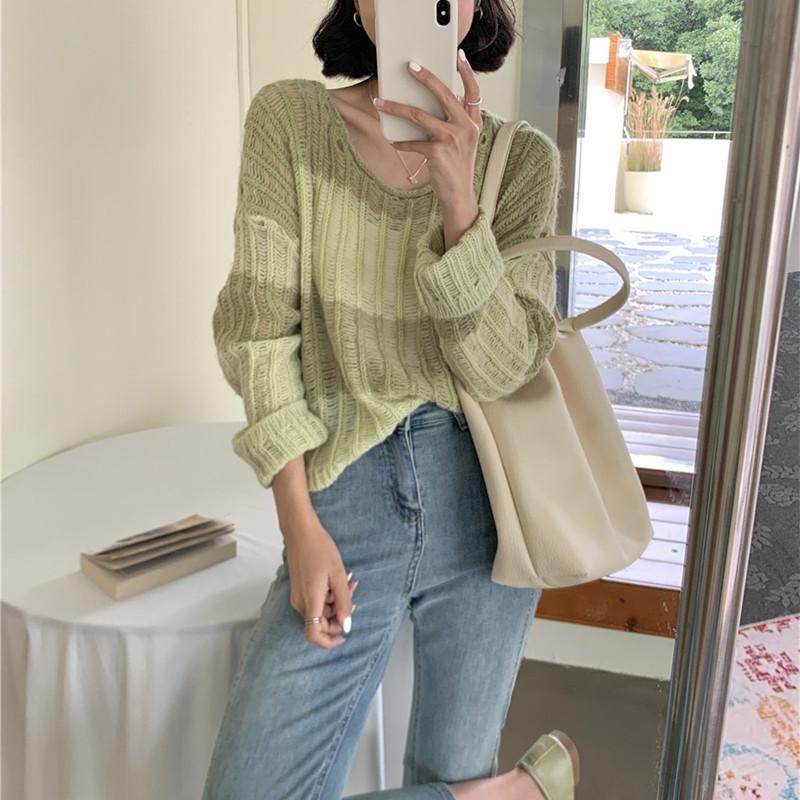 Splicing design sense niche loose stripes hollow knitted sweater women's spring and summer sweet and gentle sunscreen sweater long-sleeved top