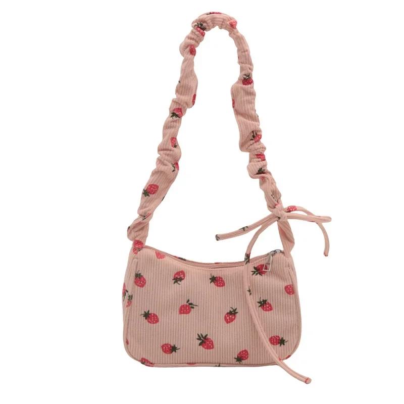 

Women Small Underarm Bag Corduroy Handbag Cute Strawberry Print Little Tote Half Moon Design Eco Cloth Purse Mini Shoulder Bags
