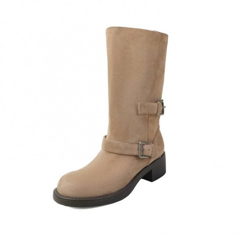 Autumn and Winter Women's Leather Boots Solid Color Leather Medium Heel Large Size Women's Boots Round Head Versatile High Boots Thick-soled Knight Bo