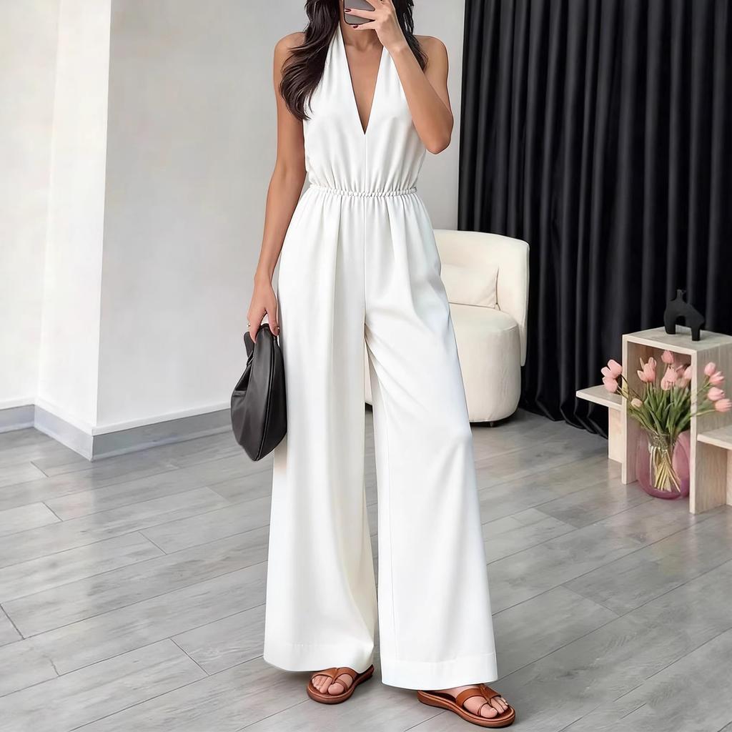 Women Sleeveless V Neck Halter Neck Jumpsuit Wide Leg Elastic Waist Casual One Piece Romper