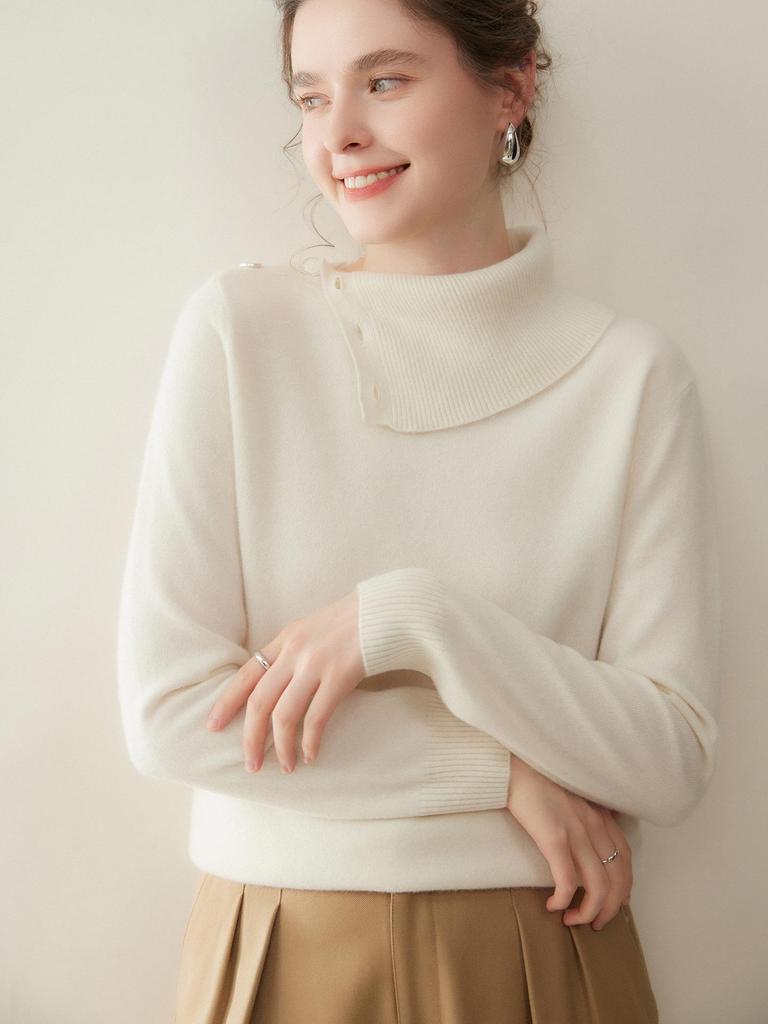 High Collar Buckle Cashmere Women's Loose Slimming Knitted Pullover Sweater
