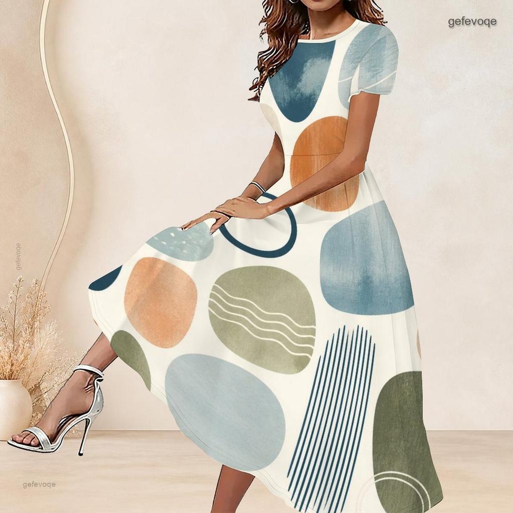 Women Plus Size Round Neck Short Sleeve Printed Gathered Waist A Line Long Dress