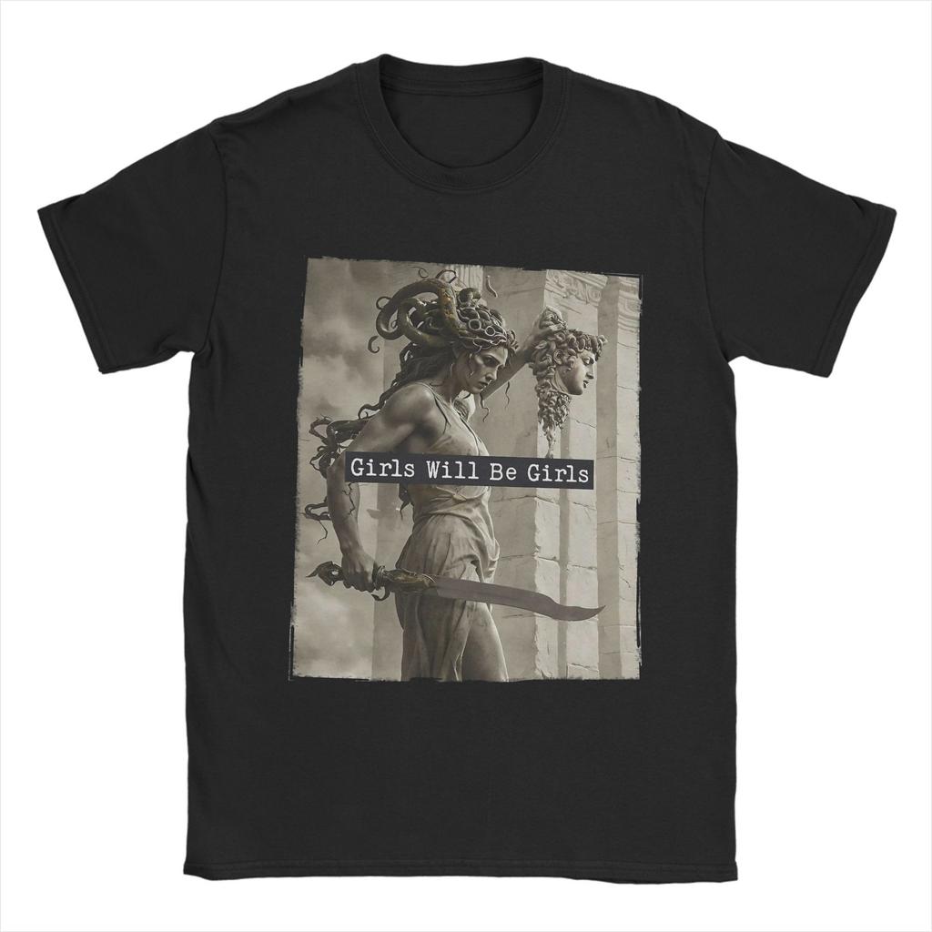 Mens T-Shirt Girl Will Be Girls Medusa Feminism Feminist Vintage T Shirts Fashion Beach Tee Shirt Pure Cotton Clothing Gift