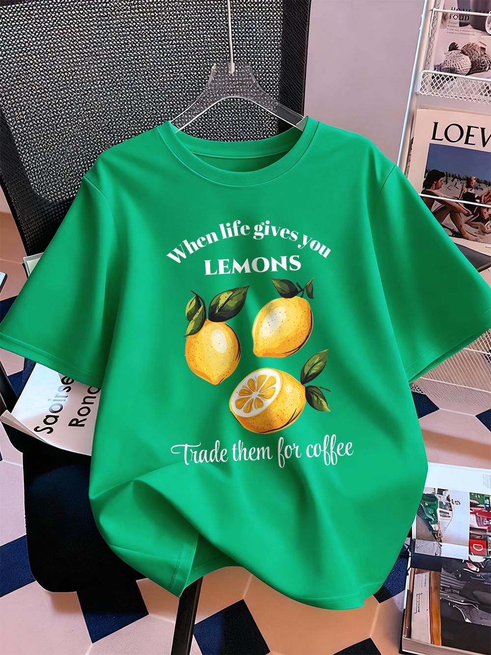 

Life Gives Lemons Trade Got Coffee Print TShirts Womens Summer Cotton Short Sleeve T Shirt ONeck Soft Loose Tops Basic Clothes 4XL