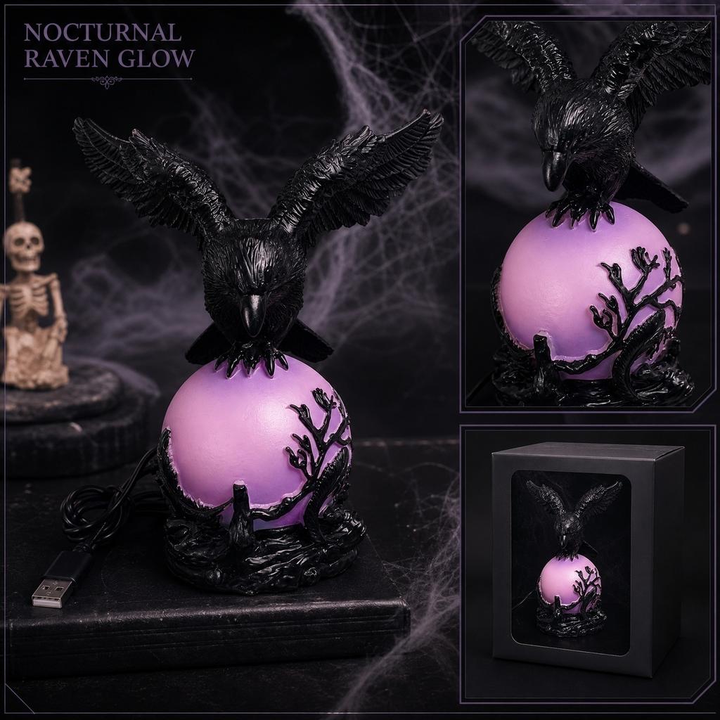 Gothic Crow Table Lamp USB Powered Ambient Light with Decorative Sphere and Detailed Winged Bird Sculpture for Indoor Use