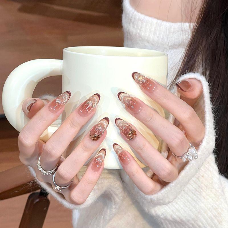 Ks Nail Art Wearable Nails Short Style 2026 New Model High-End Super Popular Cat Eye Handmade High-Quality Nude Color Stunning Nail Pieces