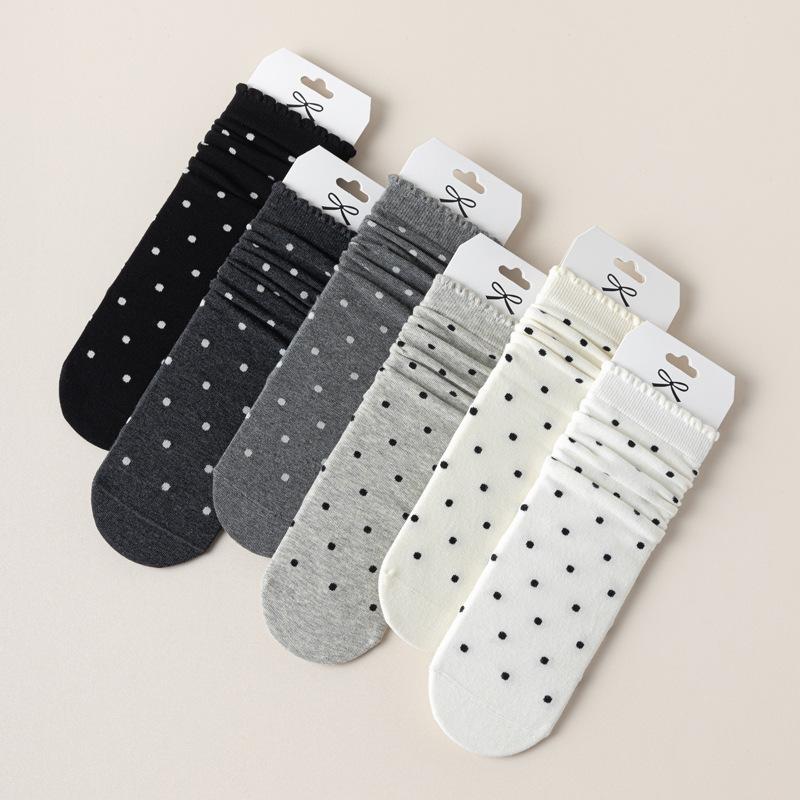 5/10 Pairs Comfortable Casual Polka Dot Socks for Women Mid Calf Socks with Ear Shaped Edges and Polka Dot Lace Breathable Cotton Long Socks