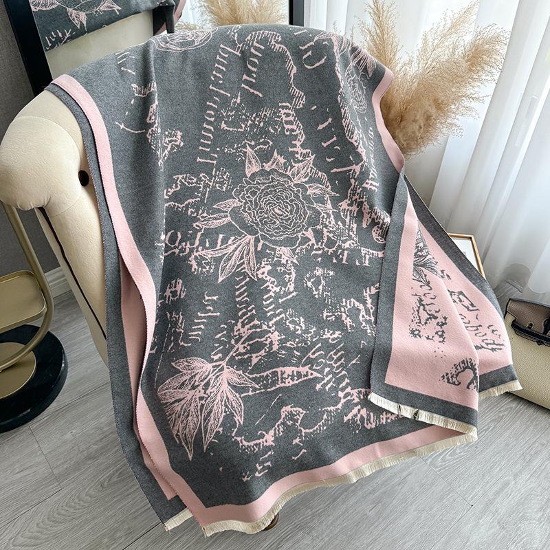 Flower Printing Contrasting Colors Autumn And Winter Double-Sided Imitation Cashmere Scarf Winter High-End Warm Shawl Women