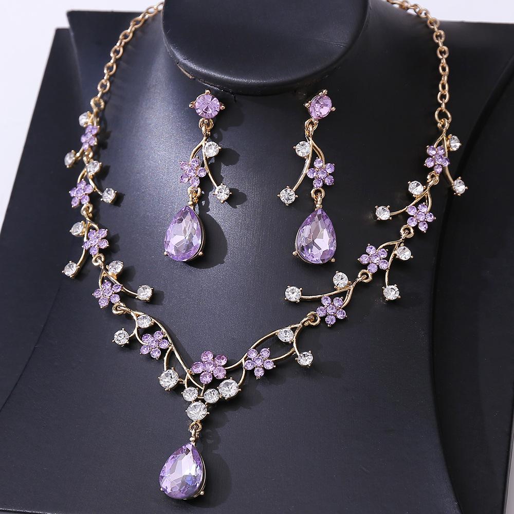 Luxury Colorful Crystal AB Water Drop Flower Bridal Jewelry Sets Rhinestone Necklace Earrings Wedding Dubai Jewelry Set