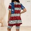 Women Plus Size Half Zip Short Sleeve USA Flag Printed Top And Striped Shorts Two Piece Set