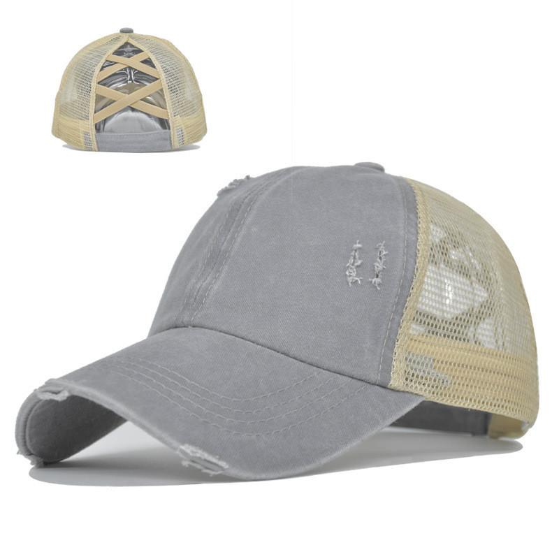 Baseball Cap Womens Cotton Mesh With Crossed Ponytail Openings For Summer Casual Wear