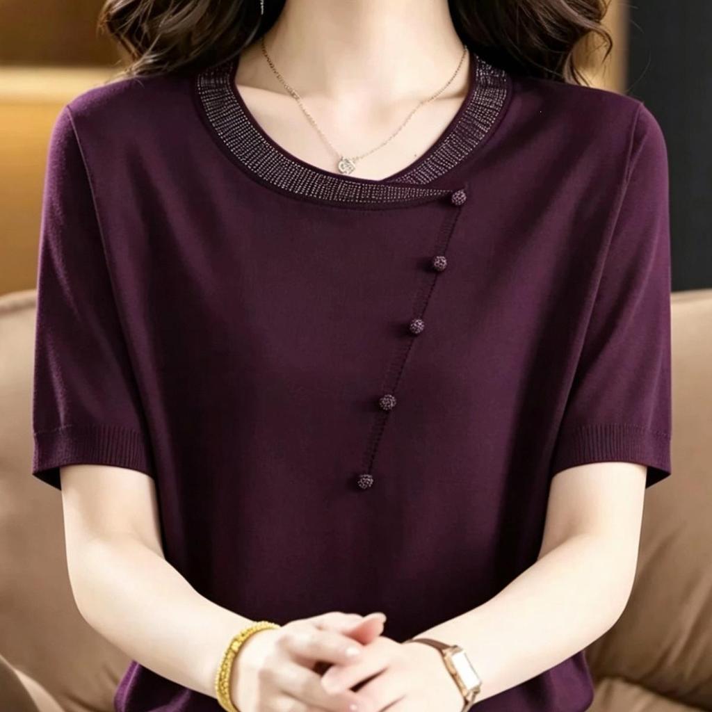 Elegant Women's Dark Blue Lyocell Short Sleeve T-Shirt, 2026 Summer Collection