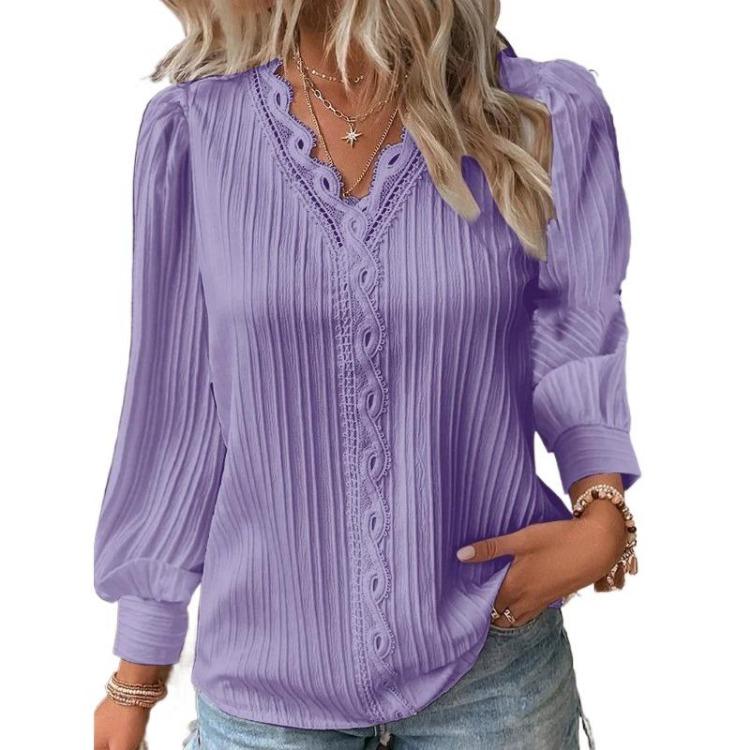 Women Fashion V Neck Blouse Long Sleeve Pullover Shirt Casual Solid Color Print Spring Fall Tops