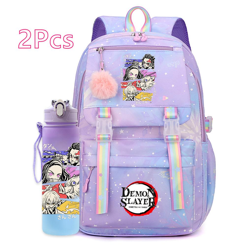 2Pcs/set Cartoon Demon Slayer Printed Backpack with 750Ml Water Bottler for Teenager Girl Boy Large Capacity Waterproof Bookbag Travel Bag Gift