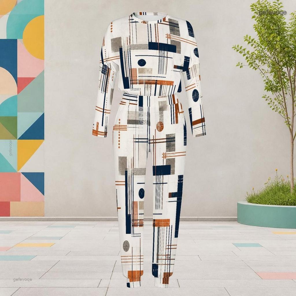 Women Plus Size Printed Round Neck Long Sleeve Cuffed Top Cuffed Pants Two Piece Set With Pockets