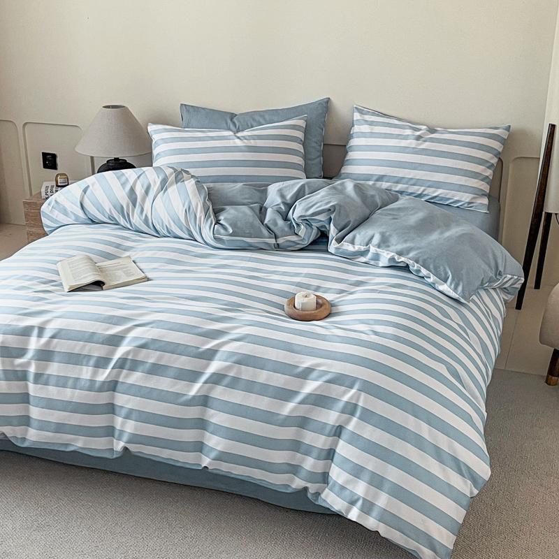 100% Cotton 3 Piece Bedding Set Soft Duvet Cover with 2 Pillowcases Solid Striped Checkered Print Skin Friendly