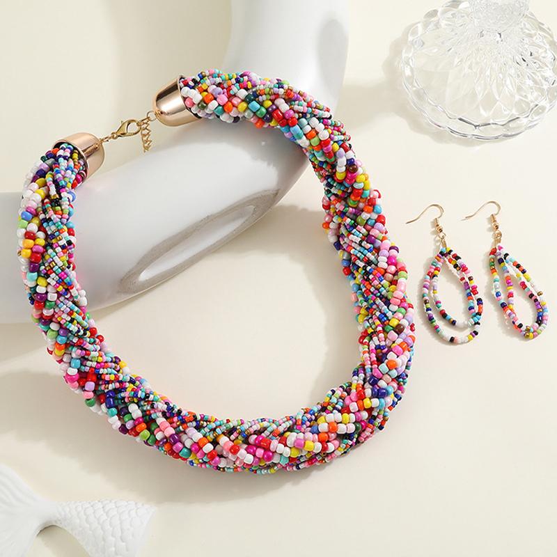 Bohemian Style European Colorful Multi-layer Rice Beads Handmade Woven Necklace Earrings Set