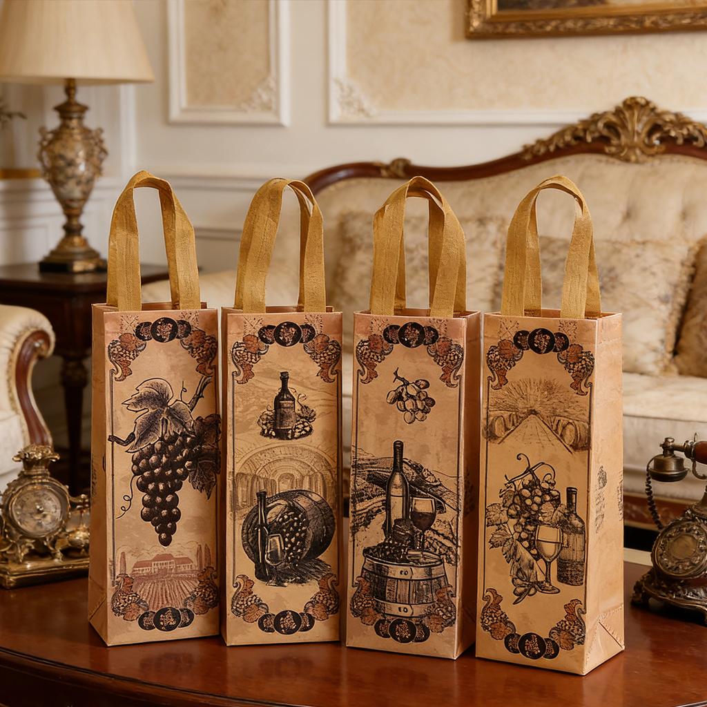 6/12/24 PCS Elegant Wine Gift Bags – Printed Non-Woven Totes with Handles for Wine Champagne Liquor Bottle Carrier for Parties