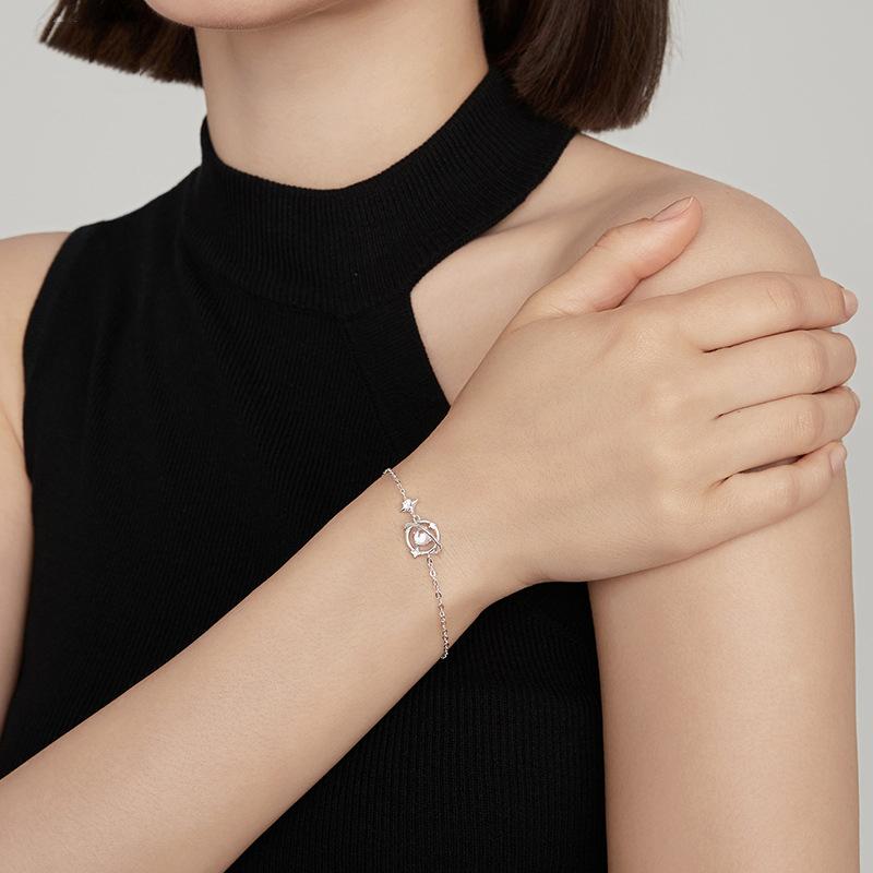 Sterling Silver S925 Silver Bracelet Universe Around the Planet Moonstone Bracelet French Light Luxury Inlaid Zircon Four-pointed Star
