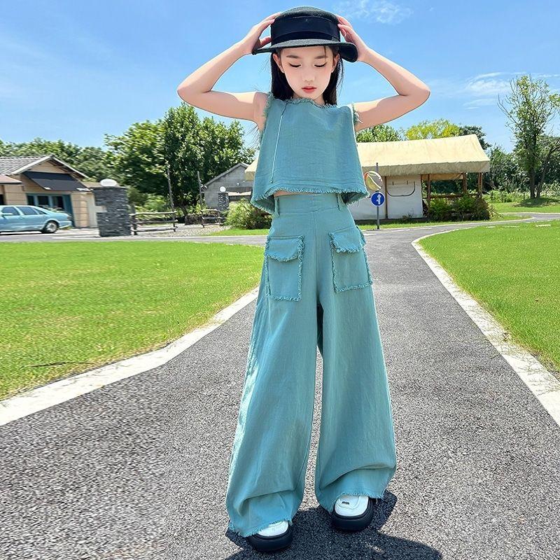 Women's Mid Size Summer Suit Fashionable Sleeveless Vest Children's Wide Leg Pants Fashionable Two-piece Set Trendy