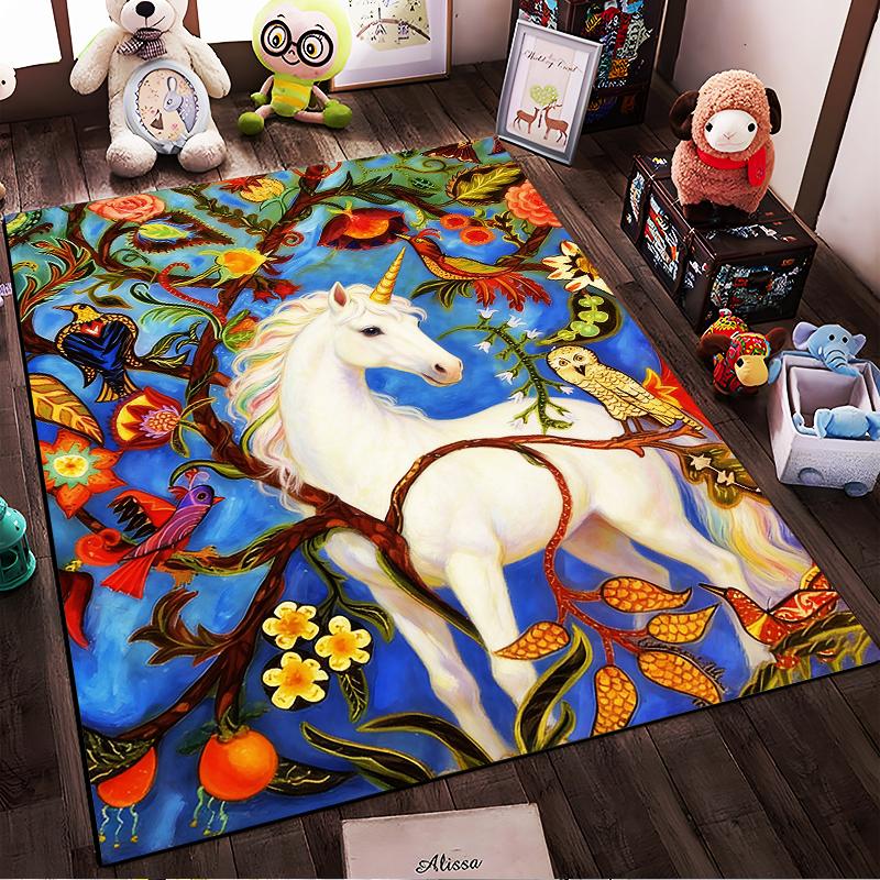 Colorful Unicorn and Nature-Inspired Carpet with Birds and Flowers Design Suitable for use as an anti-slip for living room bedroom sofas