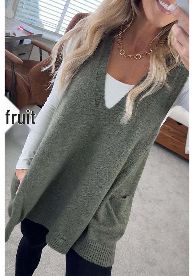 Women's Autumn/Winter V-Neck Casual Loose Knit Sweater Vest with Pockets